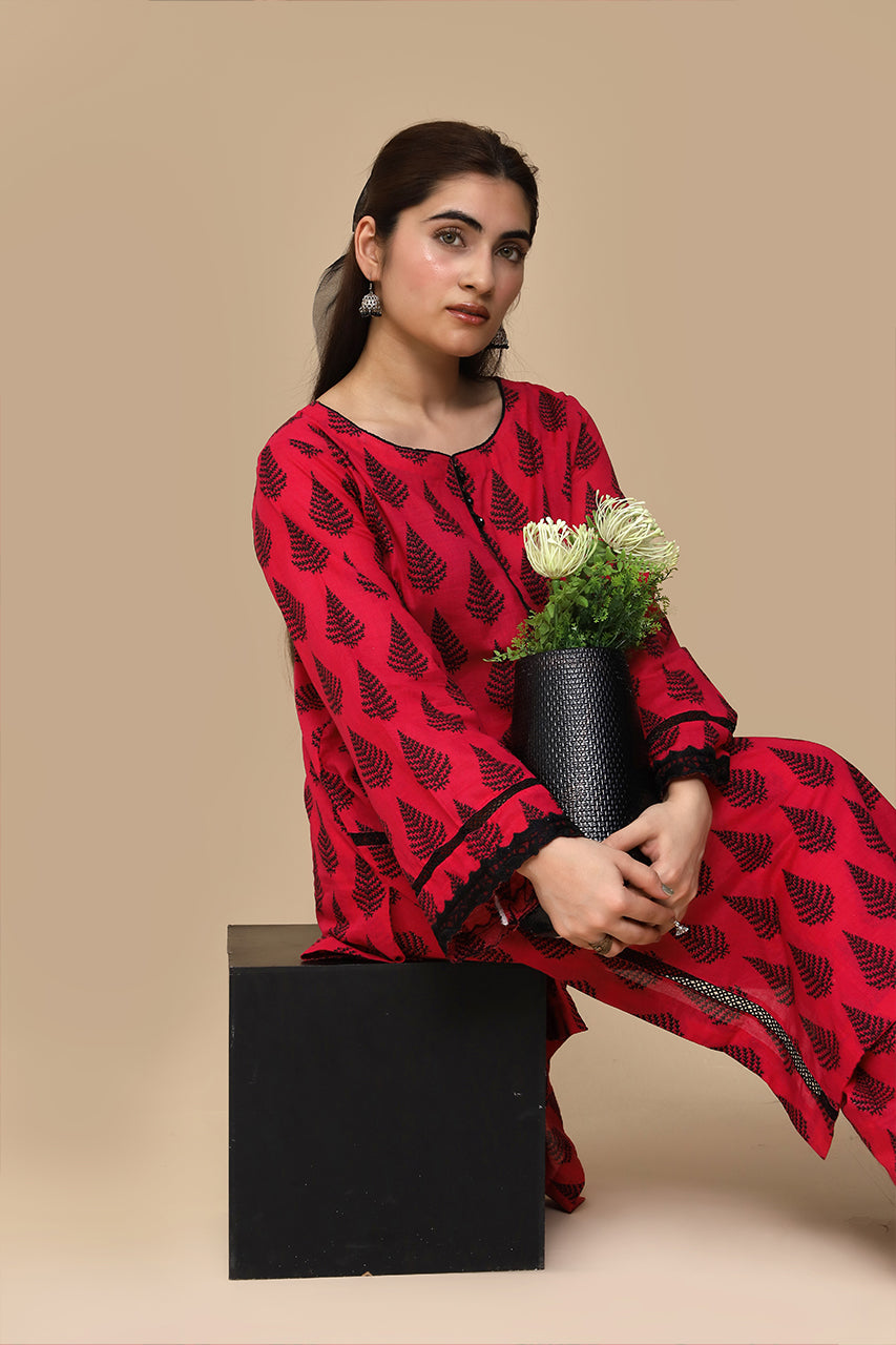 Grace in Bloom – Red Floral Kurti with Embellished 2 Piece