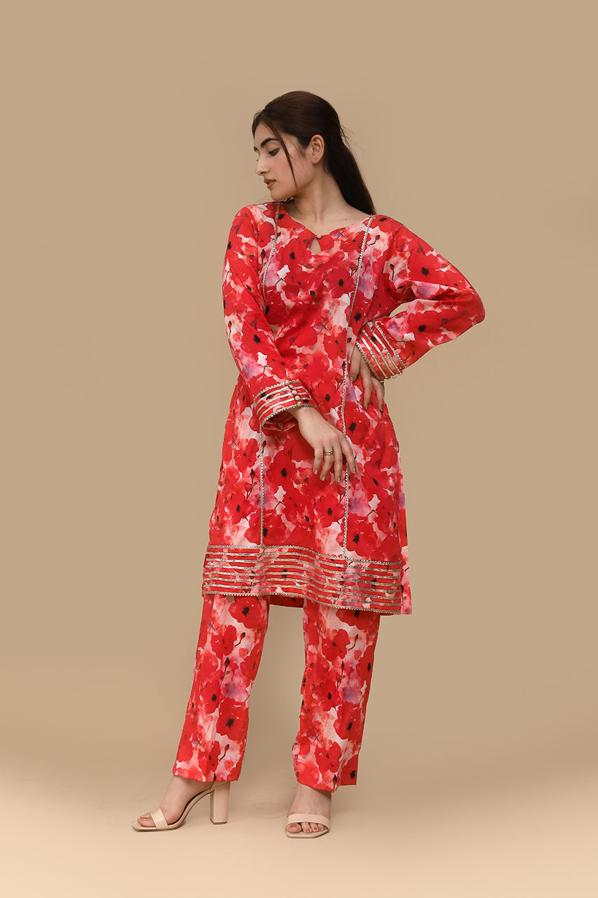 Bold Elegance – Red Kurti with Black Leaf Motifs 2 Piece Suit