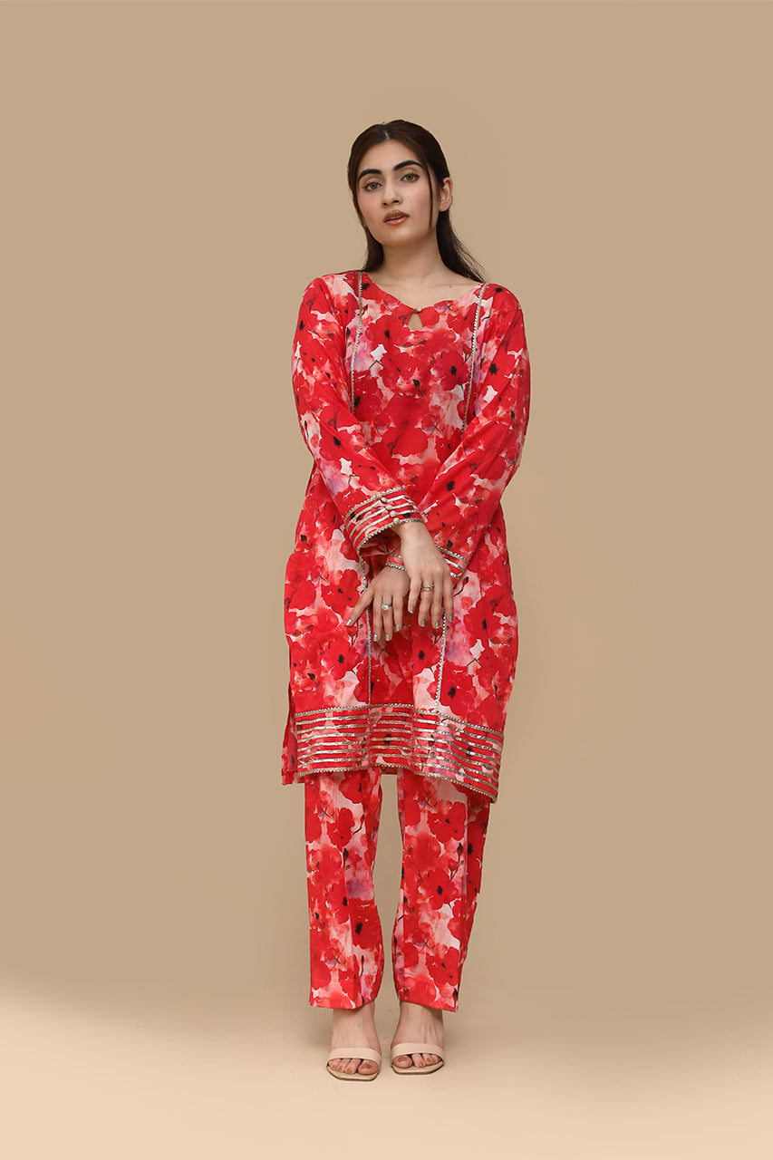 Bold Elegance – Red Kurti with Black Leaf Motifs 2 Piece Suit