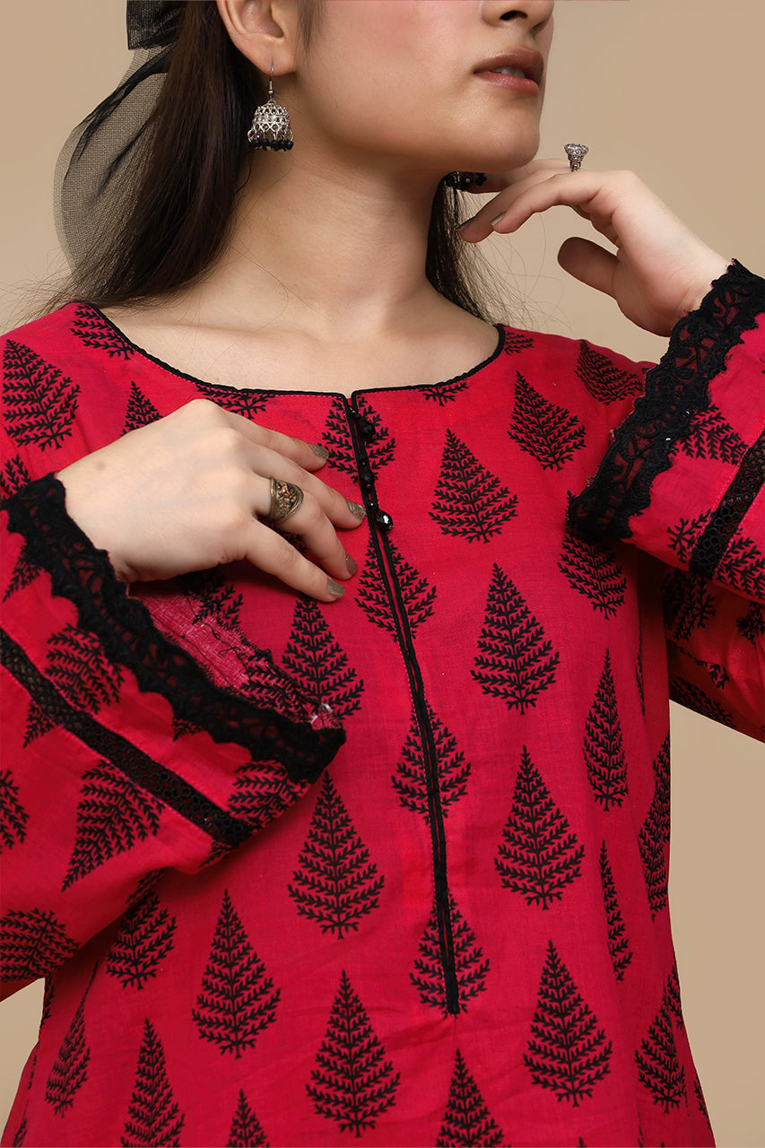 Grace in Bloom – Red Floral Kurti with Embellished 2 Piece