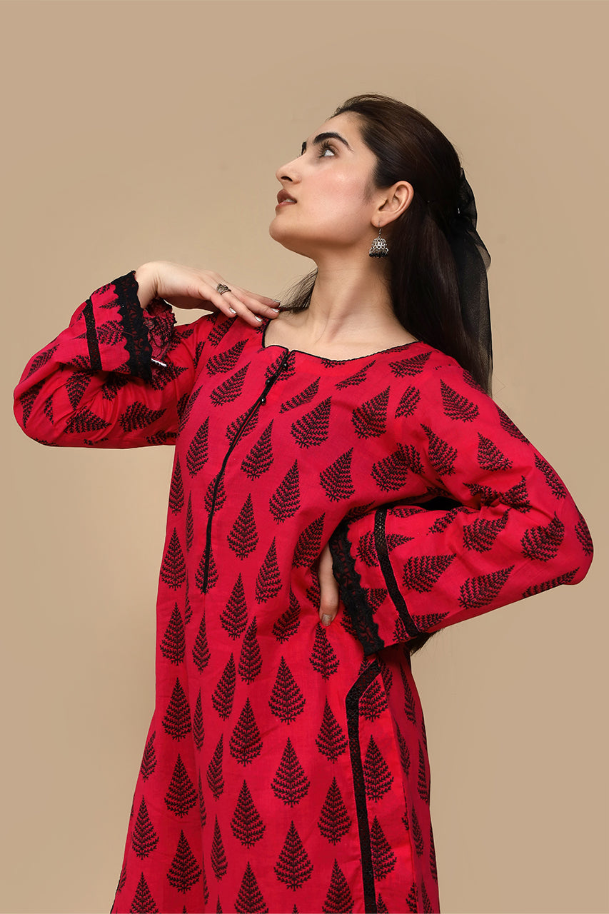 Grace in Bloom – Red Floral Kurti with Embellished 2 Piece