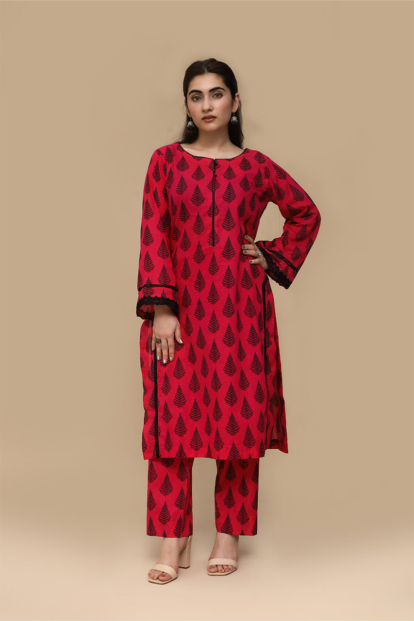 Grace in Bloom – Red Floral Kurti with Embellished 2 Piece