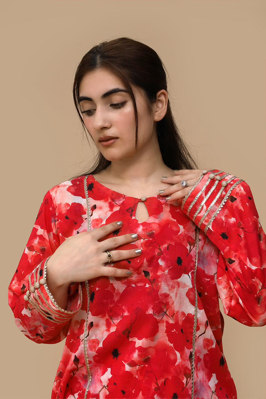 Bold Elegance – Red Kurti with Black Leaf Motifs 2 Piece Suit