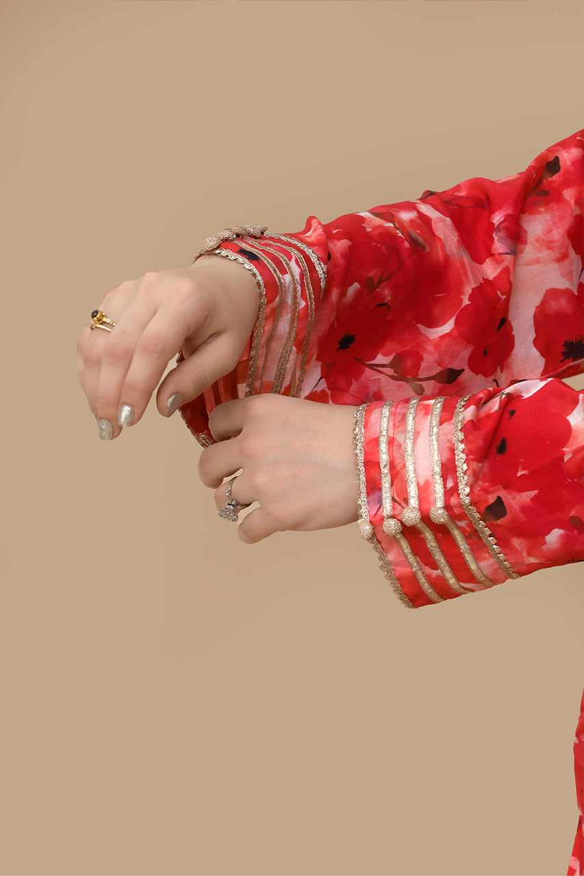 Bold Elegance – Red Kurti with Black Leaf Motifs 2 Piece Suit