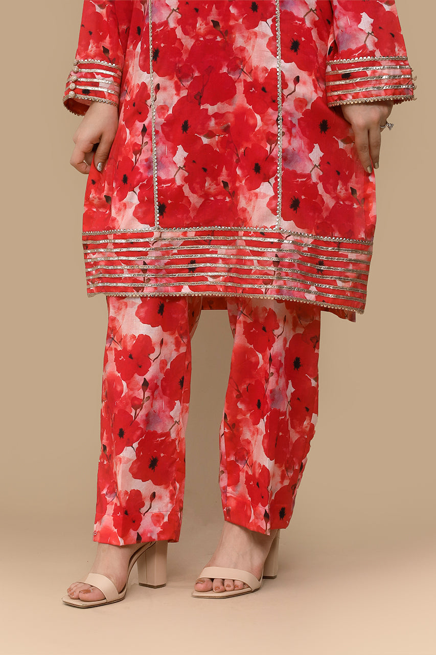 Bold Elegance – Red Kurti with Black Leaf Motifs 2 Piece Suit