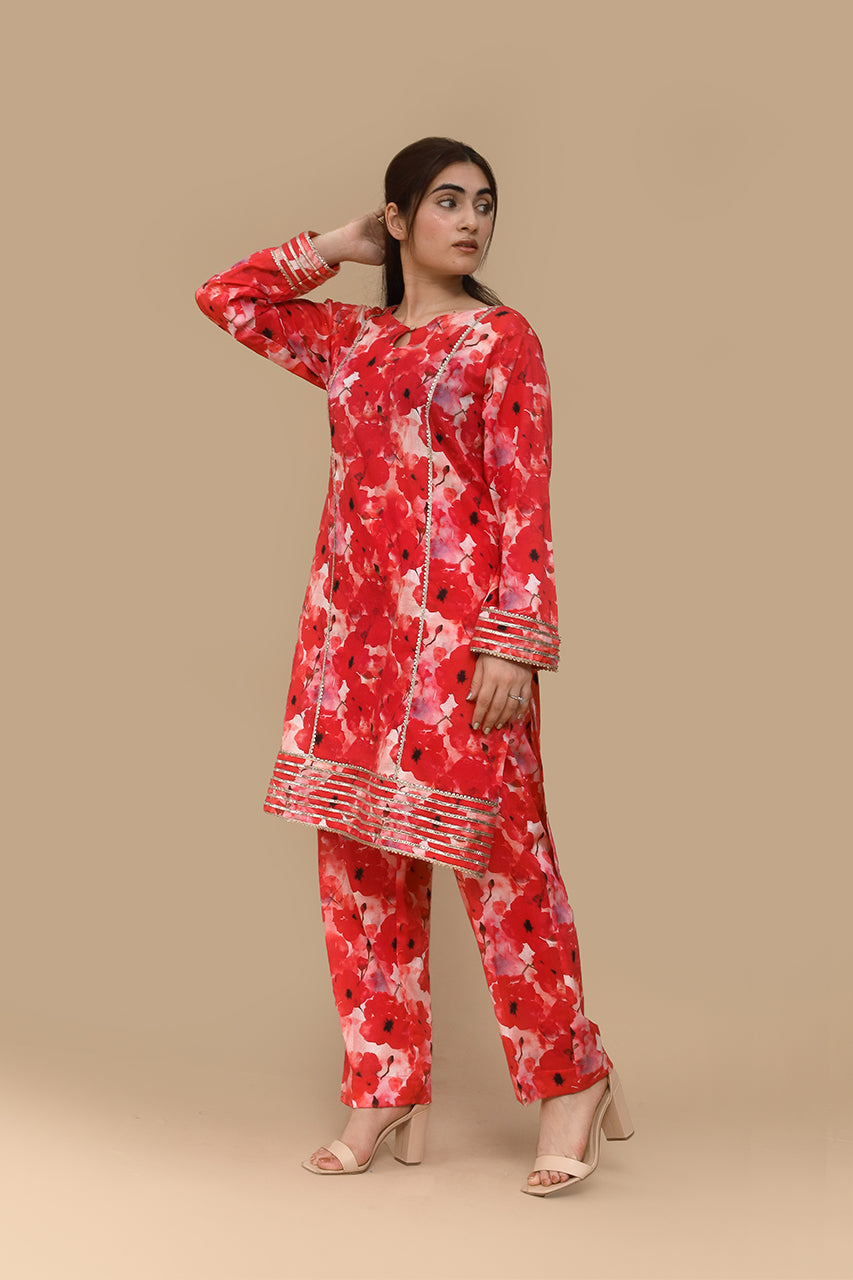 Bold Elegance – Red Kurti with Black Leaf Motifs 2 Piece Suit