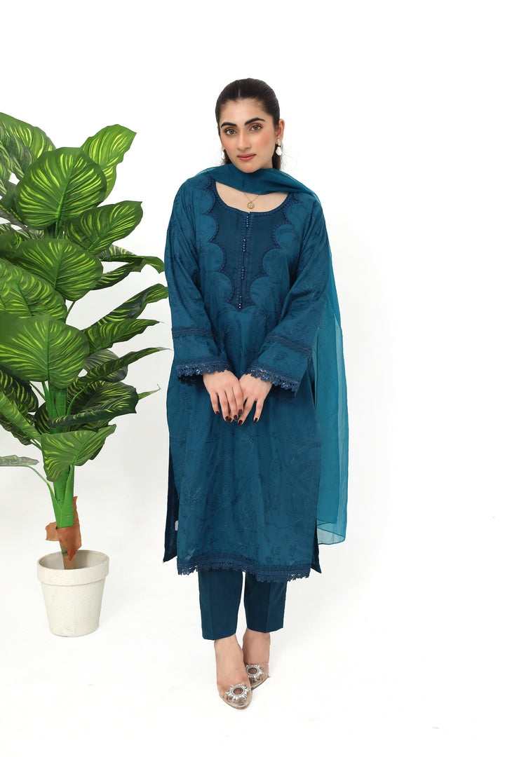 Teal Embroidered 3-Piece Suit with Dupatta