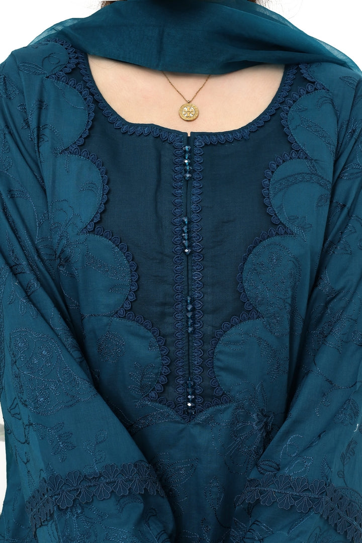 Teal Embroidered 3-Piece Suit with Dupatta