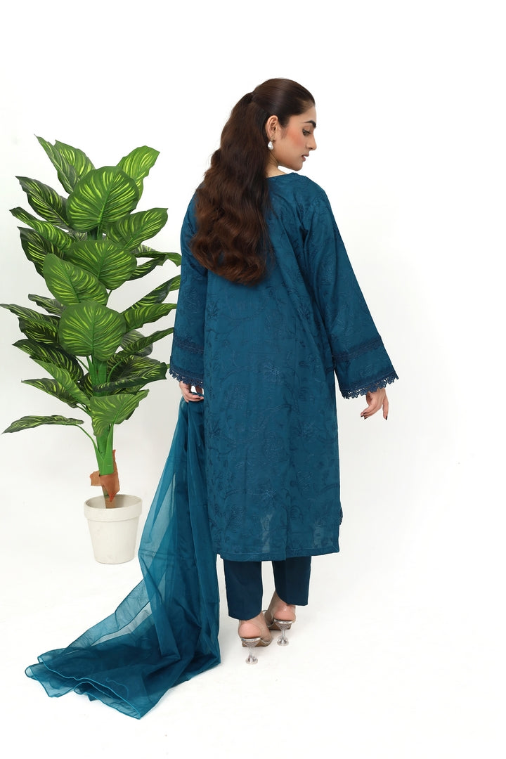Teal Embroidered 3-Piece Suit with Dupatta