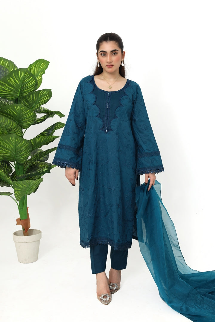 Teal Embroidered 3-Piece Suit with Dupatta